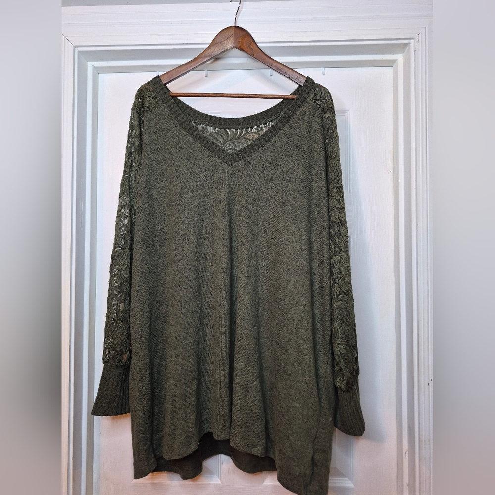 Torrid Green Lace-Sleeve V-Neck Knit Top Size 5x